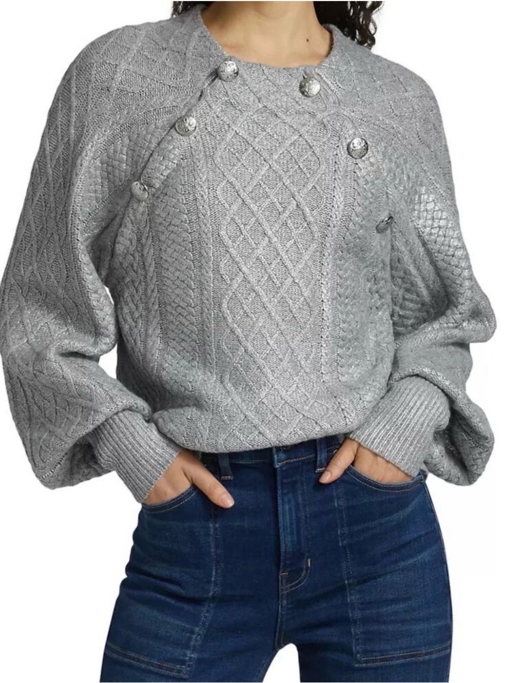 Veronica Beard Grady Silver Metallic Cable Knit Sweater Small